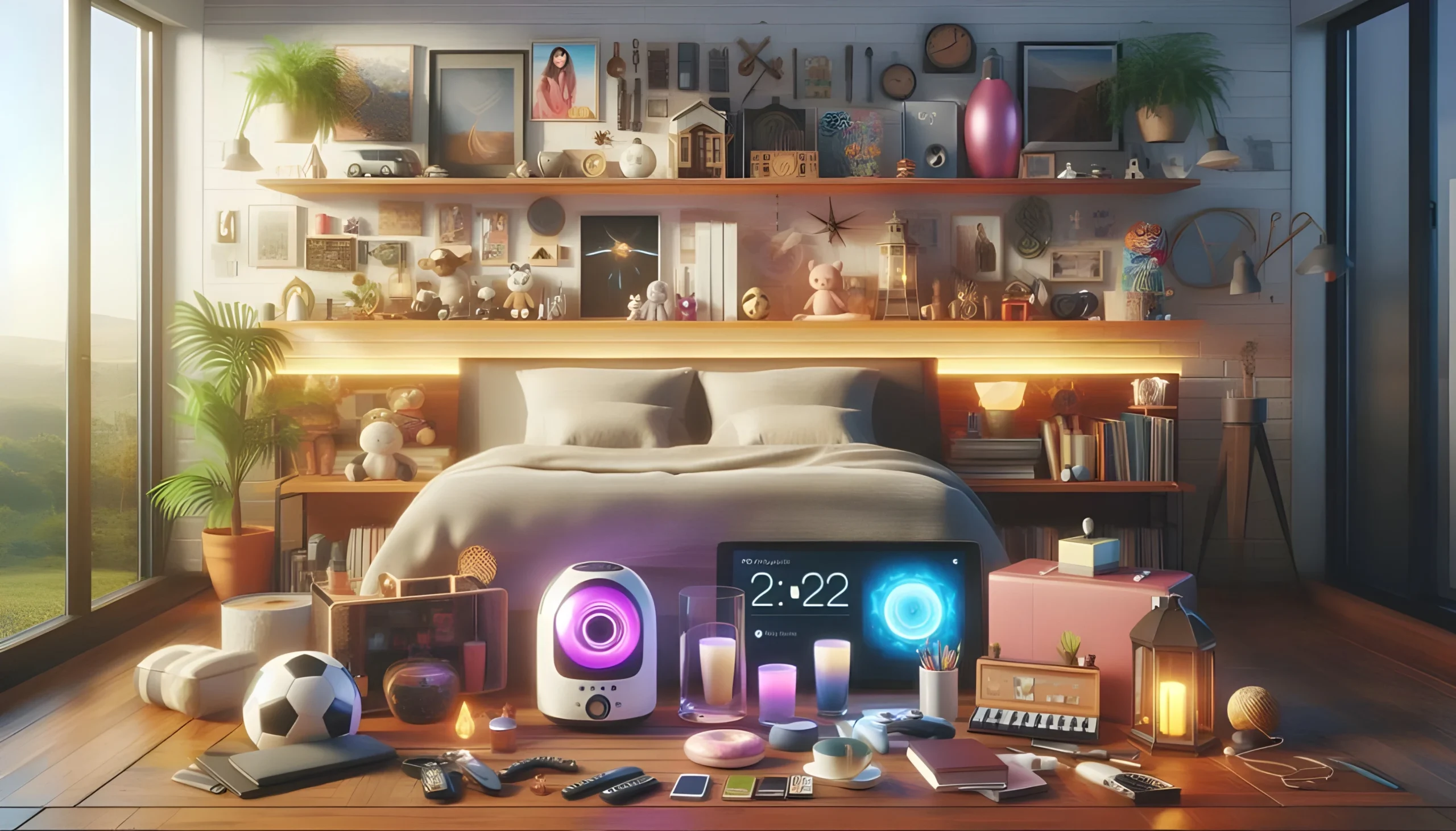 A collection of 50 bedroom gadgets for adults that are designed to provide maximum satisfaction. The image is well-lit and features a variety of colors, including warm oranges and cool blues. The gadgets are arranged neatly on a bed, with some on the nightstand and others on the floor. Some of the gadgets are sleek and modern, while others have a more vintage feel. The overall effect is one of comfort and relaxation, with a touch of sensuality.Best 50 satisfying bedroom gadgets for adults