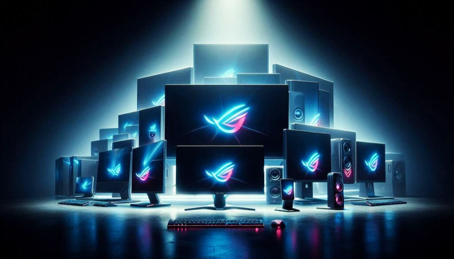 A collection of ROG monitors with different sizes and designs. The monitors are displayed on a dark background with a blue light shining on them, giving them a futuristic look.Ultimate Guide Best Republic of Gamers (ROG) Monitor for Gaming in 2024