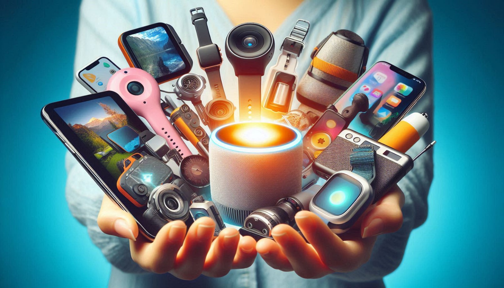 A collection of technology gadgets are held in someone's hands. The lighting is bright and the colors are vibrant. The gadgets include a home assistant, a smartwatch, a mobile phone, a camping gadget, a battery, and many other types of gadgets. Tech Gadget Wishlist - What Are The 10 Most Useful Tech Gadget That You Own Now Everydays ?