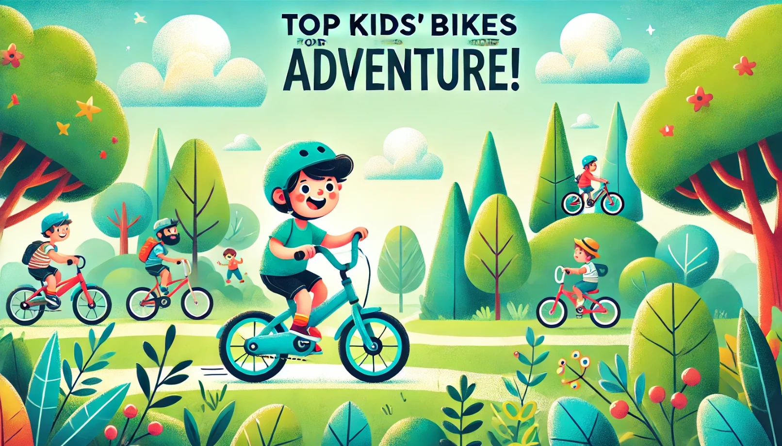 "Create a vibrant and engaging thumbnail image for an article about kids' bikes. The image should feature a cheerful child riding a colorful lightweight bike in a park setting, surrounded by green trees and playful scenery. Include elements like a blue sky, fluffy clouds, and other children riding or playing in the background. Overlay text should read 'Top Best Kids Bikes for Adventure!' in bold, kid-friendly font. The overall mood should be fun, energetic, and inviting, appealing to parents and children alike."