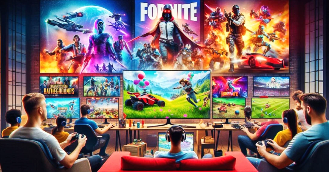 A group of people are playing a variety of popular esports games, including Dota, PUBG, Fortnite, Legends of League, Call of Duty, and Rocket League. The room is brightly lit and the colors are vibrant, with a lot of movement and excitement in the air.Top Popular Esports Games In 2024 By Watching