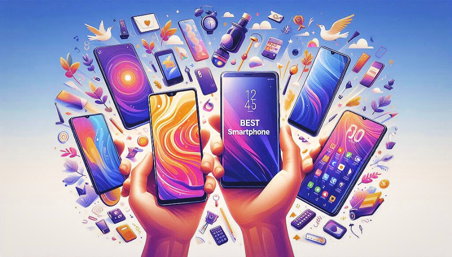 A group of five smartphones are arranged in a row, each with a different design. The lighting is bright and the colors are vivid. The text "Smartphones Under 30000 With Best Camera" image white letters. Top Smartphones Under 30000 With Best Camera