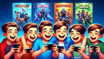 Two or four boys are playing multiplayer games with their friends on their phones. The boys are having a great time, laughing and cheering each other on. In the background, there are posters of popular online multiplayer mobile games, each with its own unique design and color scheme.What Games Can I Play With My Friend On My Phone