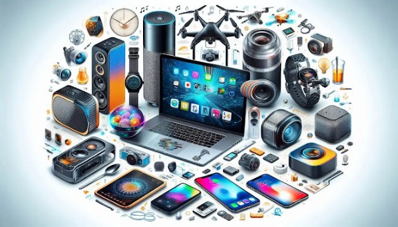 A collection of high-tech gadgets that includes mobile phones, audio speakers, laptops, smart TVs, smart watches, Amazon Alexa, Apple phones, cameras, and drones. The gadgets are arranged in a neat and organized manner, with each gadget having its own space. The lighting is bright and the colors are vibrant, making the gadgets look even more attractive. The gadgets are all turned on and are displaying their various features and capabilities. The overall mood is one of excitement and wonder, as you explore the amazing world of high-tech gadgets.