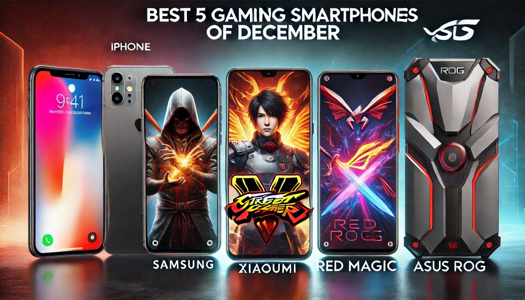 A bold text title reading 'Best 5 Gaming Smartphones of December' at the top of the image. Below the title, five smartphones are displayed prominently, each representing a different brand: iPhone, Samsung, Xiaomi, Red Magic, and Asus ROG. The smartphones are arranged in a visually appealing manner, with each phone showcasing its unique design and features. The background is sleek and modern, with a subtle gradient that complements the overall theme of cutting-edge technology and gaming.